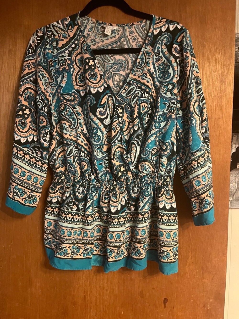 Cato Teal and Peach Paisley V-Neck Blouse